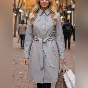 Johnston & Murphy Women’s Gray Belted Trench Coat Waterproof Hooded Jacket Sz L